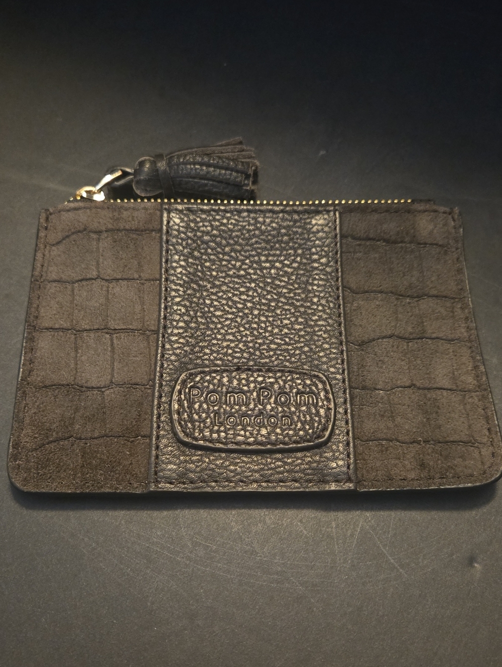 Pom Pom London Brown Leather & Suede Zip Card Wallet